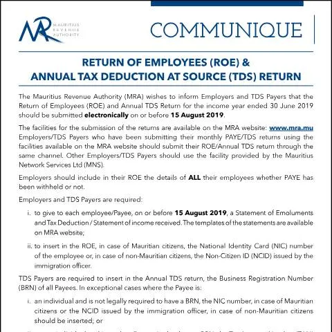 Document preview: Understanding ROE and TDS Returns in Mauritius — Taxes (AnnualROETDS190719)