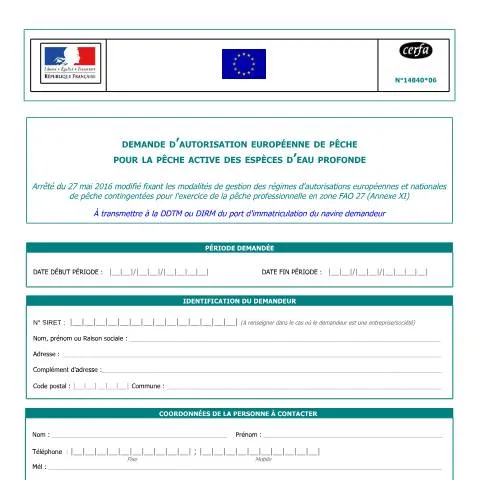 Aperçu du document Formulaire 14840*06 pour l'autorisation de pêche en eaux profondes — Démarches administratives (CERFA n°14840*06)