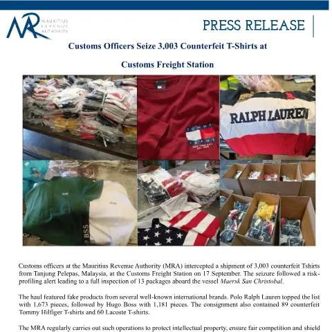 Document preview: Mauritius Customs' Major Seizure of Counterfeit T-Shirts — Government & admin (PressRelease200925)