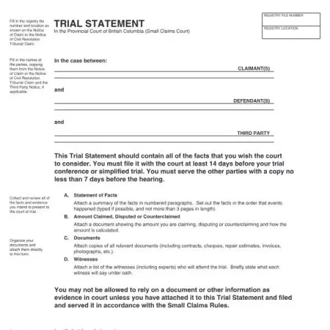 Document preview: Preparing Your Trial Statement for BC Small Claims Court — Legal & justice (SCL 045)