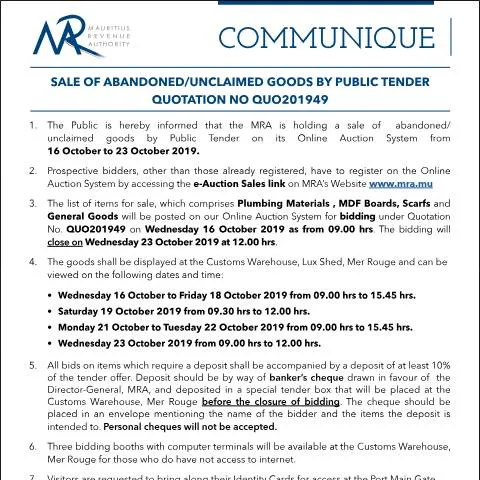 Document preview: Public Tender for Abandoned and Unclaimed Goods by Mauritius Revenue — Government & admin (Communique49of2019)