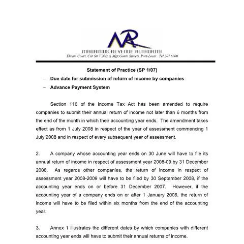 Document preview: Navigating SP 01/07: A Guide for Mauritian Businesses — Government & admin (CERFA n°StatementPractice)