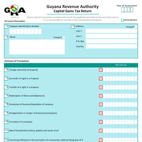 Document preview: Understanding the G0007 CGT v1 Capital Gains Tax Return in Guyana — Taxes