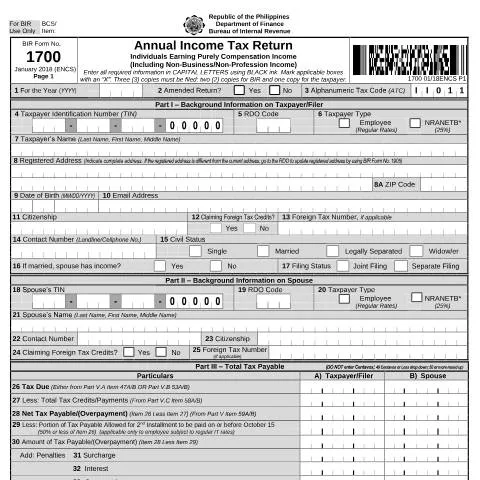 Document preview: Understanding BIR Form No. 1700 for Purely Compensation Income — Taxes (CERFA n°1700)
