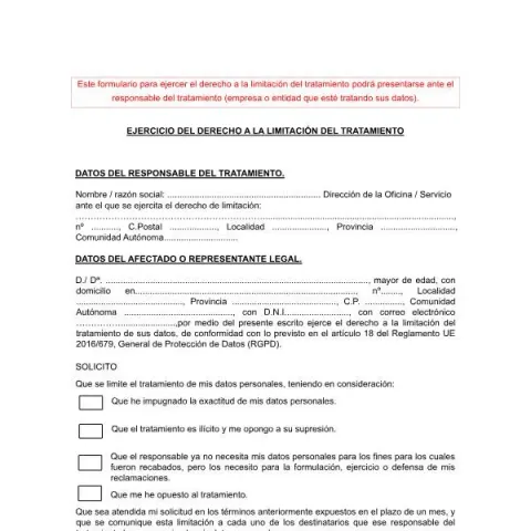 Vista previa del documento Formulario para ejercer la limitación del tratamiento de datos — Digital y datos personales