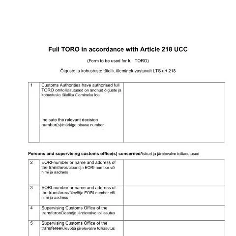Document preview: Miks on Vorm TORO kaubavahetuses hädavajalik? — Toll ja impordi-ekspordi (CERFA n°TORO VORM 12.01.)