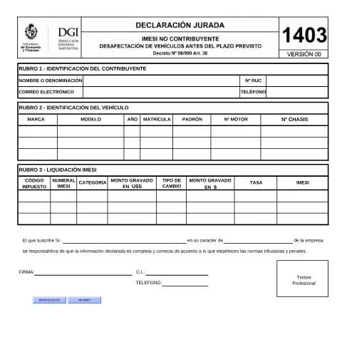 Vista previa del documento Formulario 1403: Justificación de No Contribuyente al IMESI — Trámites administrativos (CERFA n°1403)