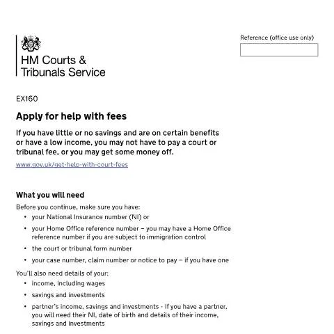 Document preview: How to Get Court Fee Relief Using Form EX160 in the UK — Legal & justice