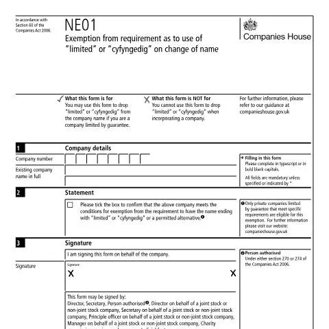 Document preview: How to Apply for Company Name Exemption Using Form NE01 — Legal & justice