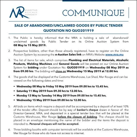 Document preview: Navigating the Public Tender for Unclaimed Goods in Mauritius — Government & admin (Communique19of2019)