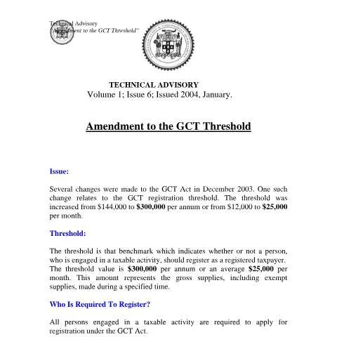 Document preview: Understanding the 2005 GCT Threshold Amendment in Jamaica — Taxes (CERFA n°2005.iroc.gct+-+amendment+to+the+gct+threshold)