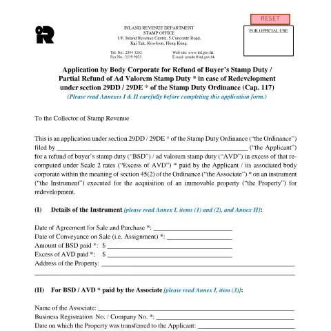 Document preview: Guide to Applying for Refund of Buyer’s Stamp Duty in Hong Kong — Property & real estate (CERFA n°IRSD 125C(E))