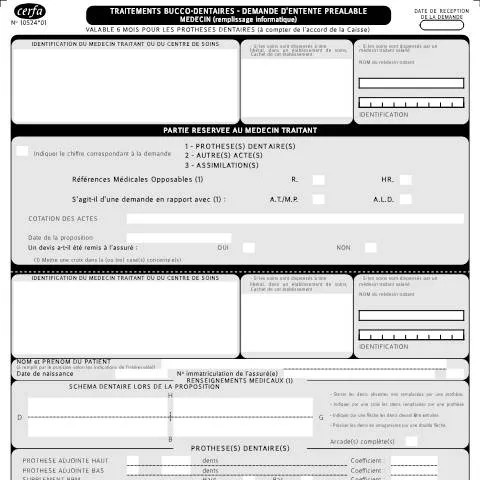 Aperçu du document Entente préalable soins dentaires : procédure et formulaire — Santé (CERFA n°10524*01)