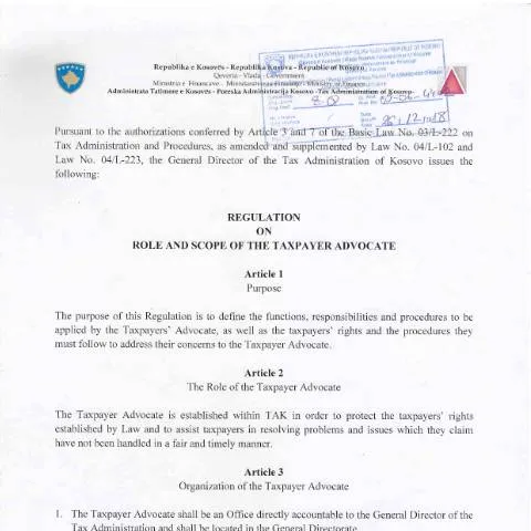 Document preview: Udhëzues për Rol dhe Fushën e Avokatit të Tatimpaguesve në Kosovë — Juridik & drejtësi