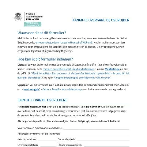 Aperçu du document Comprendre le formulaire 'Overgang bij overlijden' pour les résidents — État civil & identité (CERFA n°20260120-1872-aangifte-overgang-bij-overlijden-print)