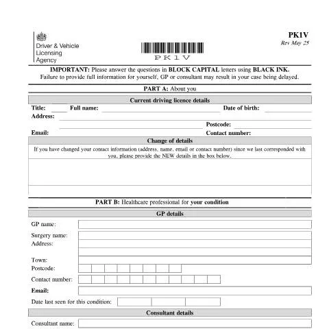 Document preview: Understanding the PK1V Medical Declaration for Parkinson's Disease — Vehicle & driving