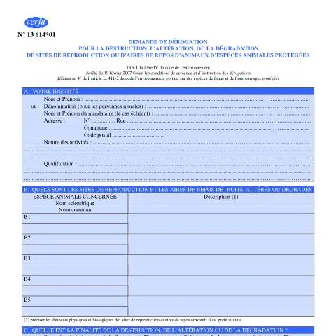 Aperçu du document Demande de dérogation destruction habitats espèces protégées — Démarches administratives (CERFA n°13614*01)