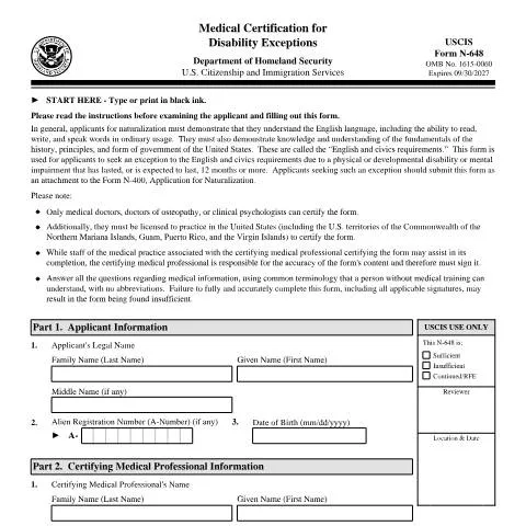 Document preview: Understanding USCIS Form N-648 for Naturalization Exceptions — Immigration & visas (CERFA n°N-648)