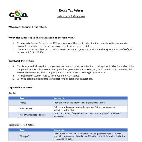 Document preview: Understanding the Excise Return Guide from the Guyana Revenue — Taxes