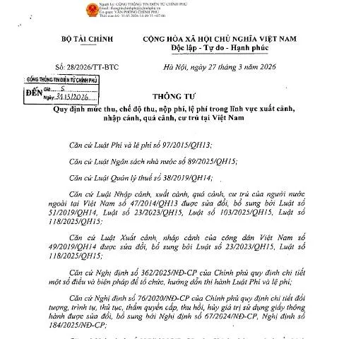 Document preview: Quản lý phí và lệ phí xuất nhập cảnh theo Thông tư 28/2026/TT-BTC — Thủ tục hành chính (CERFA n°28/2026/TT-BTC)