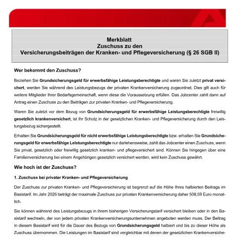 Dokumentvorschau: Wichtige Informationen zum Zuschuss zur Kranken- und — Familie (CERFA n°merkblatt-zuschusskvpv_ba034865)