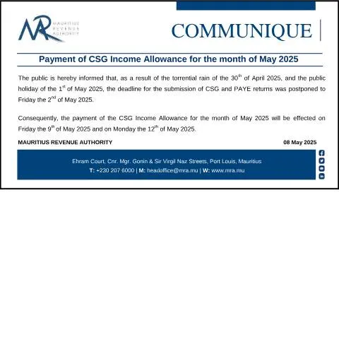 Document preview: Updated Payment Schedule for May 2025 CSG Income Allowance — Taxes (Communique080525)