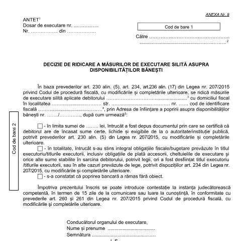 Document preview: Detalii despre Decizia de Ridicare a Măsurilor de Executare Silită — Impozite & fiscalitate (CERFA n°A8_OPANAF_967_2017)
