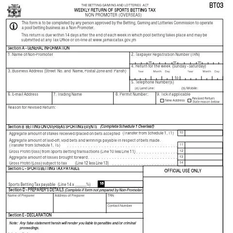 Document preview: Understanding the BT03 Weekly Return for Sports Betting Tax in Jamaica — Government & admin (CERFA n°bt03_19082016)