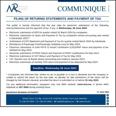 Document preview: Understanding Your Tax Filing Obligations in Mauritius — Taxes (CommuniqueDeadline170624)