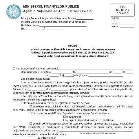 Document preview: Importanța respingerii cererii de înregistrare TVA în România — Impozite & fiscalitate (CERFA n°A4_A3_OPANAF_3300_2017)
