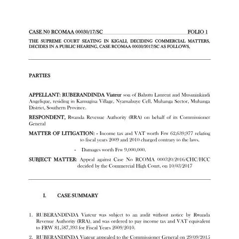Document preview: Understanding the Ruberandinda vs. RRA Tax Case — Government & admin (CERFA n°case_n0_rcomaa_00030__rra_vs_ruberandinda)