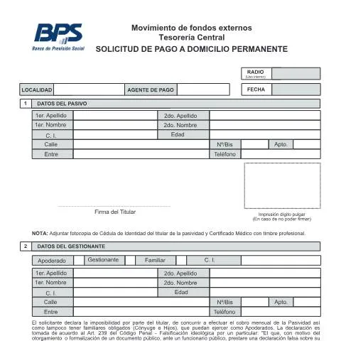 Vista previa del documento Solicitud de Pago a Domicilio Permanente del BPS en Uruguay — Trámites administrativos