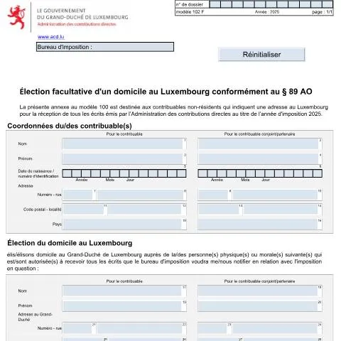 Aperçu du document Comprendre l'élection facultative d'un domicile au Luxembourg — Démarches administratives (CERFA n°102 F)
