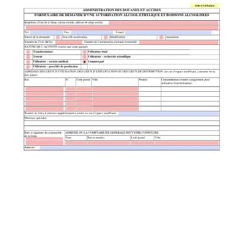 Aperçu du document Formulaire d'Autorisation pour Alcool Éthylique et Boissons — Démarches administratives (CERFA n°FORM_FR_ETHALC-2017-03-20)