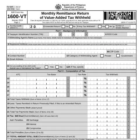 Document preview: Understanding BIR Form No. 1600-VT for VAT Withholding — Government & admin (CERFA n°1600-VT)