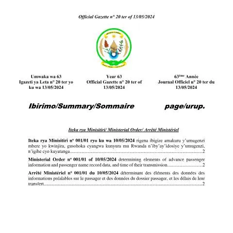 Document preview: Understanding Rwanda's Ministerial Order No. 001/01 on API and PNR — Government & admin (CERFA n°ministerial_order_no_00101_of_api_-_pnr_-_may_2024)