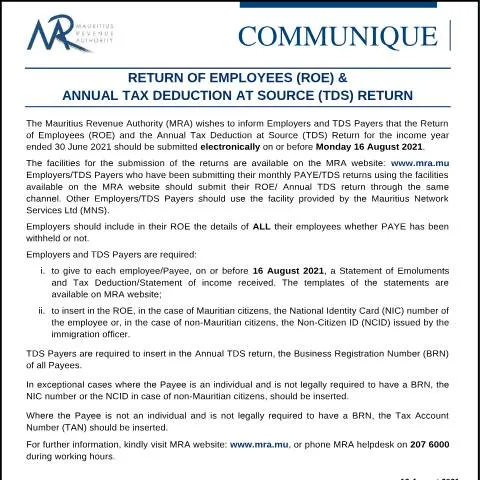Document preview: Understanding the Importance of ROE & TDS Returns in Mauritius — Taxes (CommuniqueROETDS120821)
