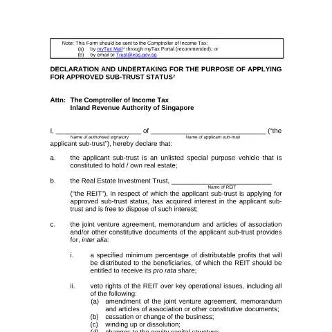 Document preview: Understanding the IRAS REIT Declaration and Undertaking Form for — Taxes (CERFA n°REIT-DECLARATION-FORM-FOR-APPROVED-SUB-TRUSTS-STATUS_SIGNED)