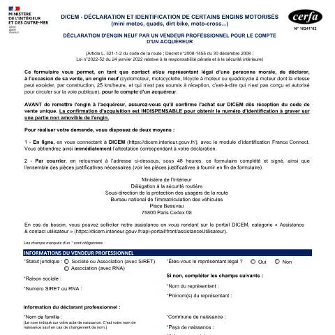 Aperçu du document Obligation DICEM pour les vendeurs d'engins motorisés de loisir — Démarches administratives (CERFA n°16241*02)