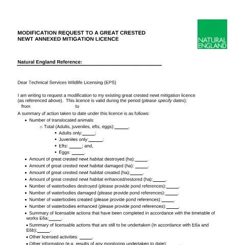 Document preview: How to Modify Your Great Crested Newt Mitigation Licence — Government & admin