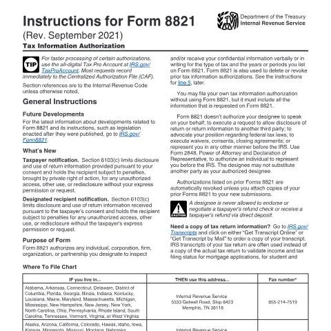 Document preview: Understanding IRS Form 8821 for Tax Information Access — Taxes (CERFA n°INST-8821)