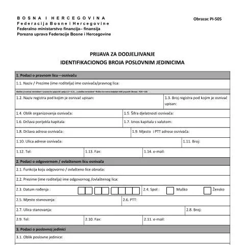 Document preview: Prijava za dodjeljivanje identifikacionog broja poslovnim jedinicama — Porezi i fiskalnost (CERFA n°PI-505)