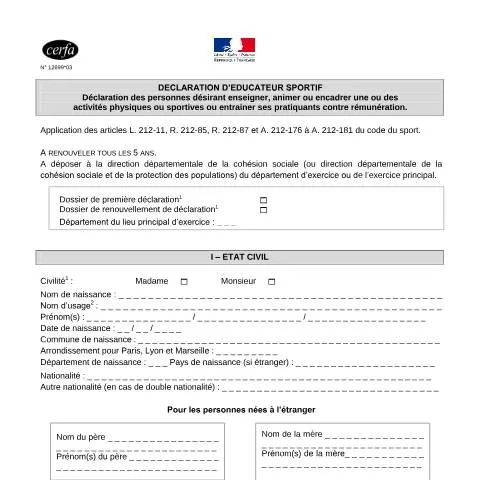 Aperçu du document Comment déclarer son activité d'éducateur sportif par courrier — Emploi & travail (CERFA n°12699*03)