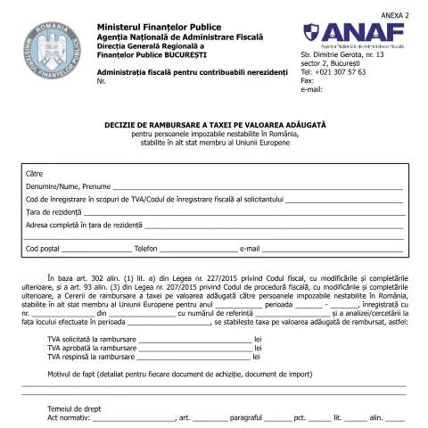 Document preview: Rambursarea TVA pentru persoanele impozabile din UE — Impozite & fiscalitate (CERFA n°A2_OPANAF_2809_2016)