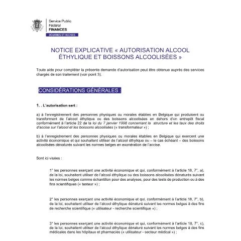 Aperçu du document Comprendre l'autorisation d'alcool éthylique en Belgique — Démarches administratives (CERFA n°Note-explicative-autorisation-alcool-ethylique-boissons-alcoolisees-010525)