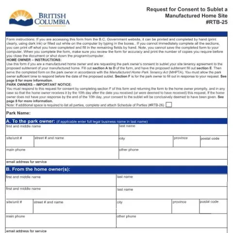 Document preview: Understanding the RTB-25 Form for Subletting a Manufactured Home Site — Housing (RTB-25)
