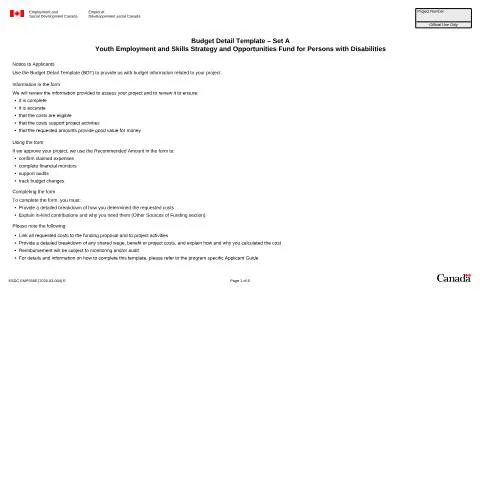 Document preview: Understanding the Budget Detail Template for Youth Employment Projects — Work & employment (CERFA n°ESDC-EMP5568)