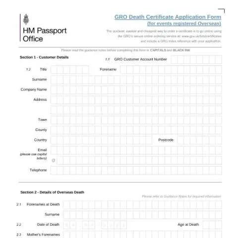 Document preview: Understanding the GRO Death Certificate Application Form for Overseas — Civil status & identity (OSD-ICR/Mar 25)