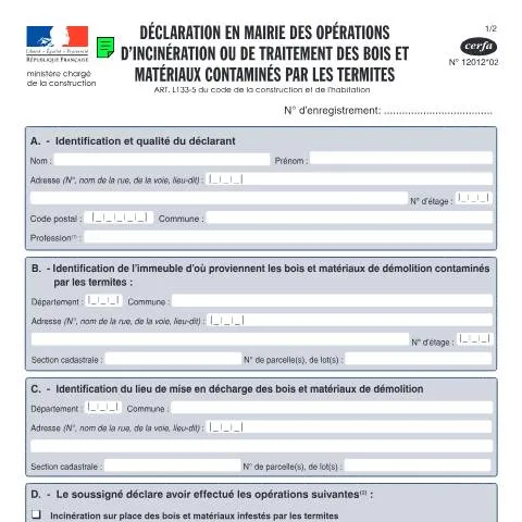Aperçu du document Formulaire 12012*02 pour traitement des bois infestés de termites — Démarches administratives (CERFA n°12012*02)