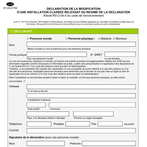 Aperçu du document Modification d'ICPE déclarative : démarches et obligations légales — Démarches administratives (CERFA n°15272*03)